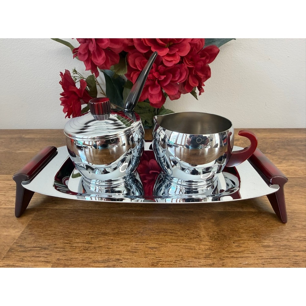 Vintage Gourmates by Glo-Hill Canada Atomic Cream Sugar Set Tray Ruby‎ Red MCM